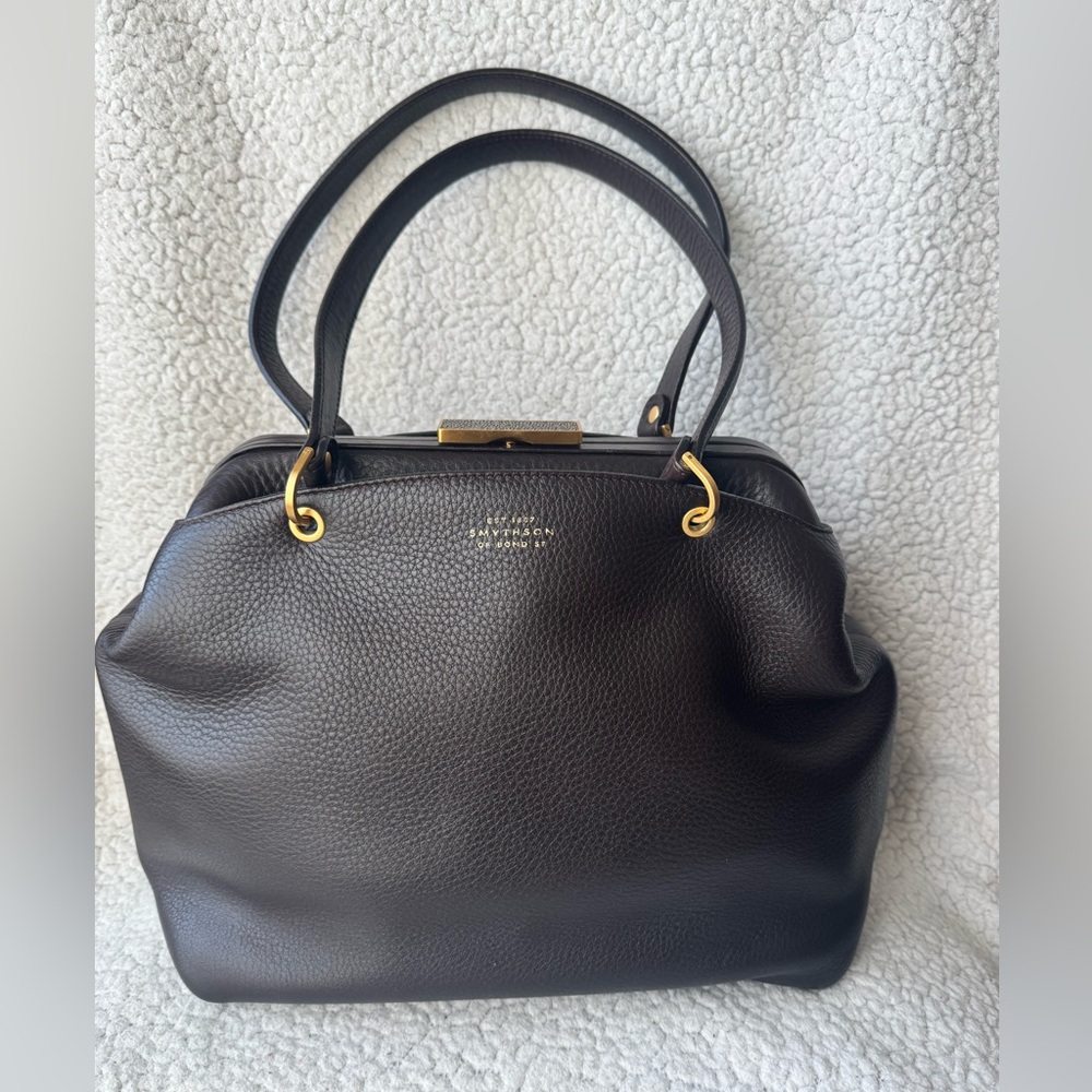 Smythson of Bond Street Agatha Kiss Lock Shoulder Bag in Dark Chocolate - Picture 5 of 17